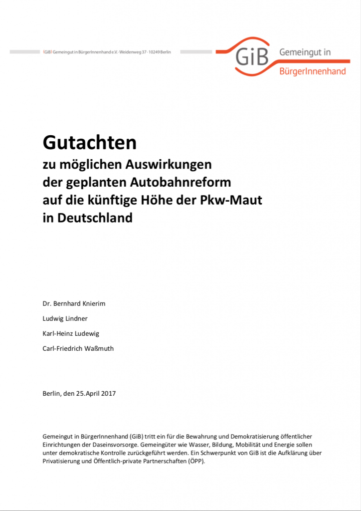 2017 beschlossen Bundestag und Bundesrat eine Grundgesetzänderung, mit der die Zentralisierung und die formelle Privatisierung der Autobahnverwaltung ermöglicht wurden. Im Rahmen der Reform wurde auch die Frage nach der PKW-Maut diskutiert. In der Studie legt GiB Pro- und Contra-Argumente vor, stellt Beispiele aus anderen Ländern mit PKW-Mautsystemen vor, berechnet die mögliche Mauthöhe und begründet diese Zahlen ausführlich.
(April 2017, Umfang: 12 Seiten)