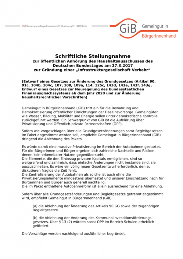 Schriftliche Stellungnahme zur öffentlichen Anhörung des Haushaltsausschusses des Deutschen Bundestages am 27. März 2017 zur Gründung einer „Infrastrukturgesellschaft Verkehr“