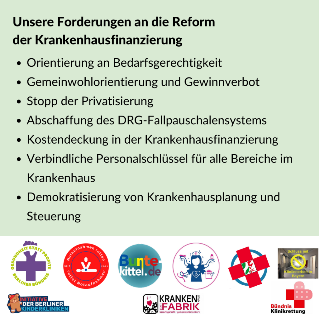 Neun gesundheitspolitische Initiativen kritisieren Lauterbachs vermeintliche Revolution und fordern in einer gemeinsamen Erklärung echte Reformen. Dazu gehören: Orientierung an Bedarfsgerechtigkeit, Abschaffung der Fallpauschalenfinanzierung, Einführung der Selbstkostendeckung, Gewinnverbot, Gemeinwohlorientierung, Stopp von Privatisierungen, verbindliche Personalschlüssel sowie Demokratisierung von Krankenhausplanung und Steuerung.