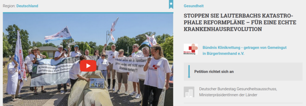 Die Diskussion um die von Bundesgesundheitsminister Lauterbach geplante Krankenhausreform nimmt an Fahrt auf. Im neuen Infobrief schildet Gemeingut in BürgerInnenhand (GiB) die aktuellen Entwicklungen und ruft dazu auf, die vom Bündnis Klinikrettung gestartete Petition zu unterschreiben, um Lauterbach zu stoppen und eine echte Krankenhausrevolution herbeizuführen. Wie gewohnt enthält der neue Infobrief auch eine ausführliche Presseschau.