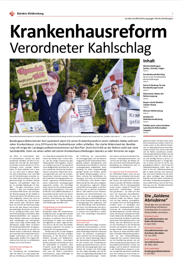 Neue Ausgabe der Zeitung zur Krankenhausreform von Gesundheitsminister Lauterbach, erstellt vom Bündnis Klinikrettung im Juli 2023. Mit kritischen Analysen der Reformvorschläge, Hintergrundartikeln sowie einer Übersichtskarte über Krankenhausschließungen seit 2020.