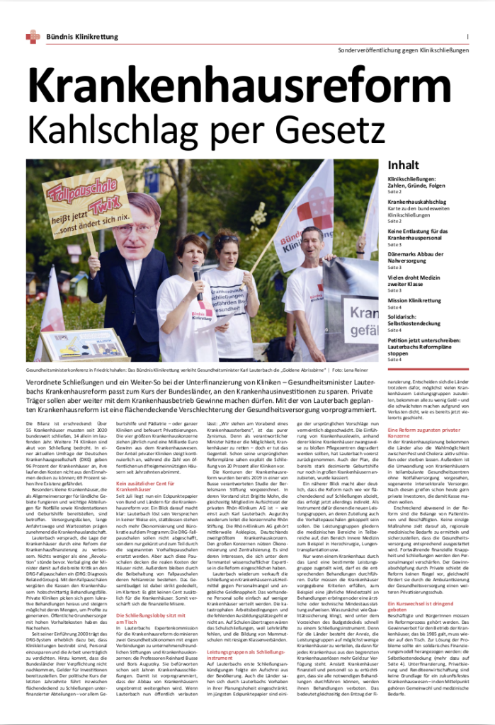 Neue Ausgabe der Zeitung zur Krankenhausreform von Gesundheitsminister Lauterbach, erstellt vom Bündnis Klinikrettung im August 2023. Mit kritischen Analysen der Reformvorschläge, Hintergrundartikeln sowie einer Übersichtskarte über Krankenhausschließungen seit 2020.