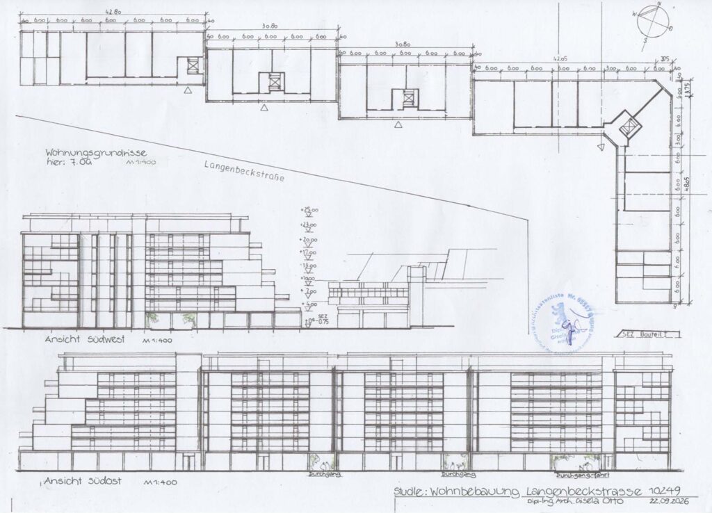 SEZ-Gelände: Gemeingut hat die Architektin Gisela Otto gebeten, einen früheren Entwurf zur Randbebauung der Langenbeckstraße zu konkretisieren. Man sieht, dass entlang der Langenbeckstraße 142 Wohnungen und 1.500 Quadratmeter Gewerbe entstehen könnten. Das SEZ wird dabei erhalten und seine Architektur respektiert.